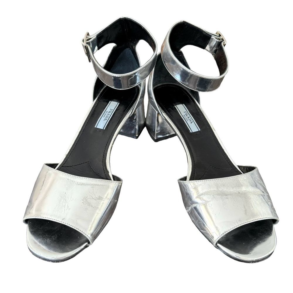 PRADA Sandal Silver Leather Block Heel - Picture 3 of 17